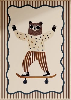 Framed illustration of a bear on a skateboard wearing a star-patterned sweater and striped trousers