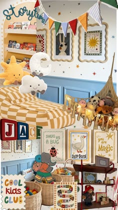 Storytime corner collage with a bunting banner, framed sun and rabbit prints, a striped bed, plush toys, and playful wall art