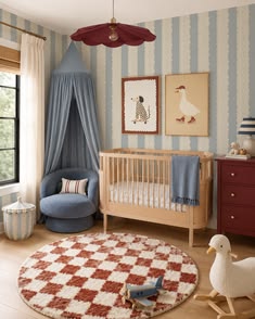 Nursery with soft striped wallpaper, a canopy reading chair, a wooden crib, a checkered round rug, and a wooden goose pull toy
