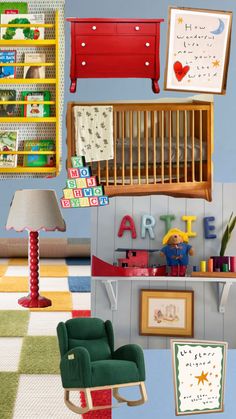 Collage of vintage-inspired nursery pieces: book shelving, a wooden crib, alphabet blocks, a red lamp, and a green rocking chair