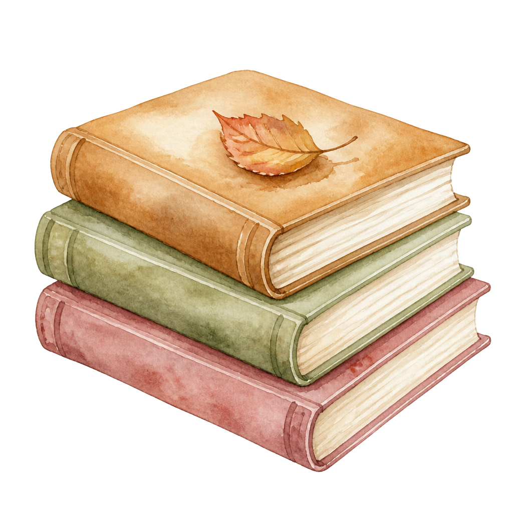 Watercolor stack of children's storybooks with a small autumn leaf